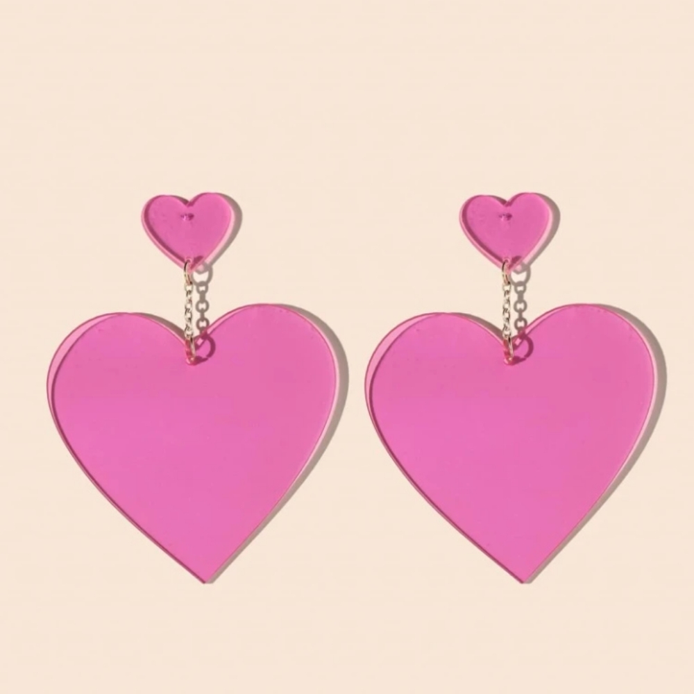 Giant Pink Acrylic Heart Statement Earrings